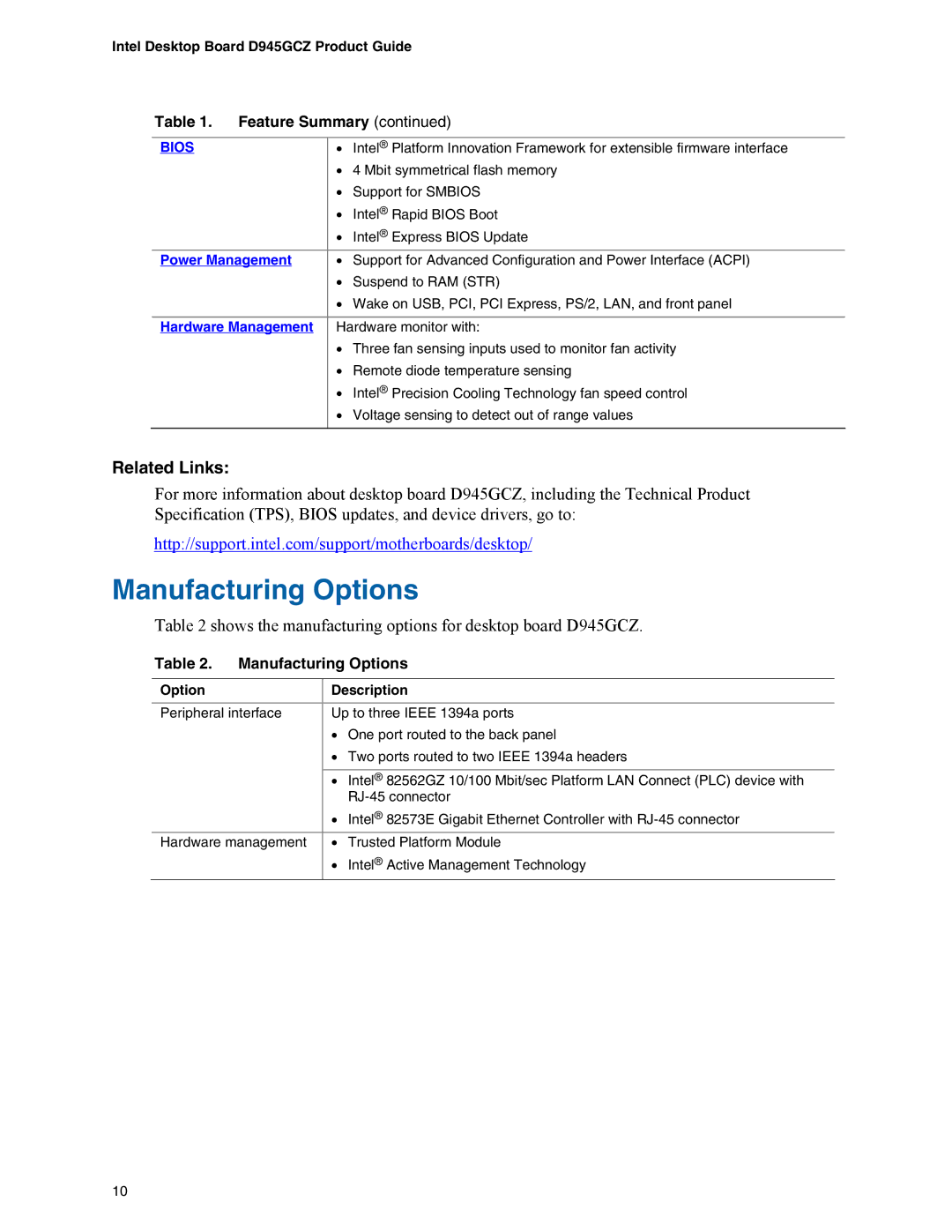 Intel D945GCZ manual Manufacturing Options, Option Description 