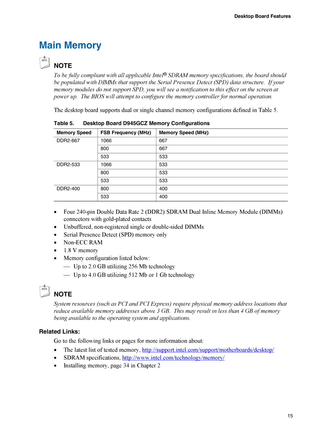 Intel manual Main Memory, Desktop Board D945GCZ Memory Configurations, Memory Speed FSB Frequency MHz Memory Speed MHz 