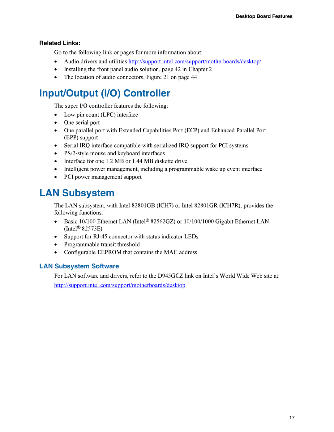 Intel D945GCZ manual Input/Output I/O Controller, LAN Subsystem Software 