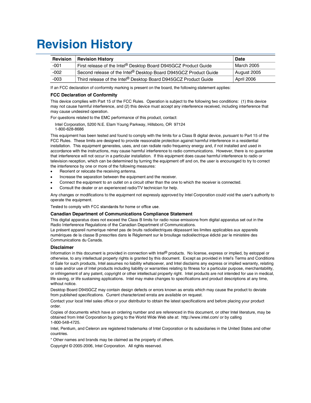 Intel D945GCZ manual Revision Revision History Date, FCC Declaration of Conformity, Disclaimer 