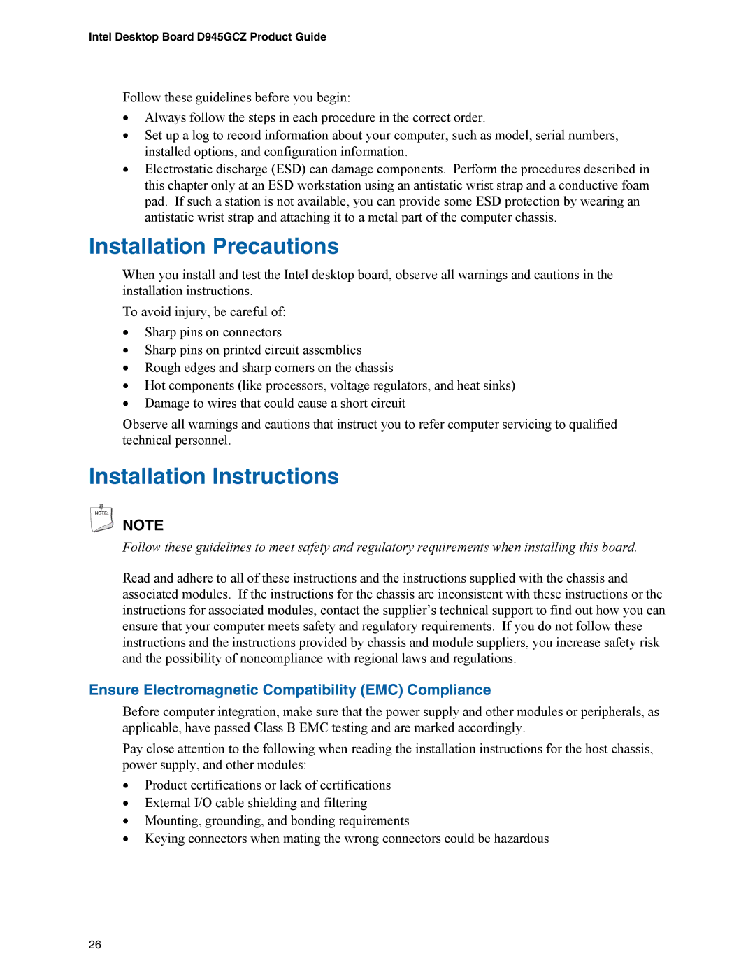 Intel D945GCZ Installation Precautions, Installation Instructions, Ensure Electromagnetic Compatibility EMC Compliance 