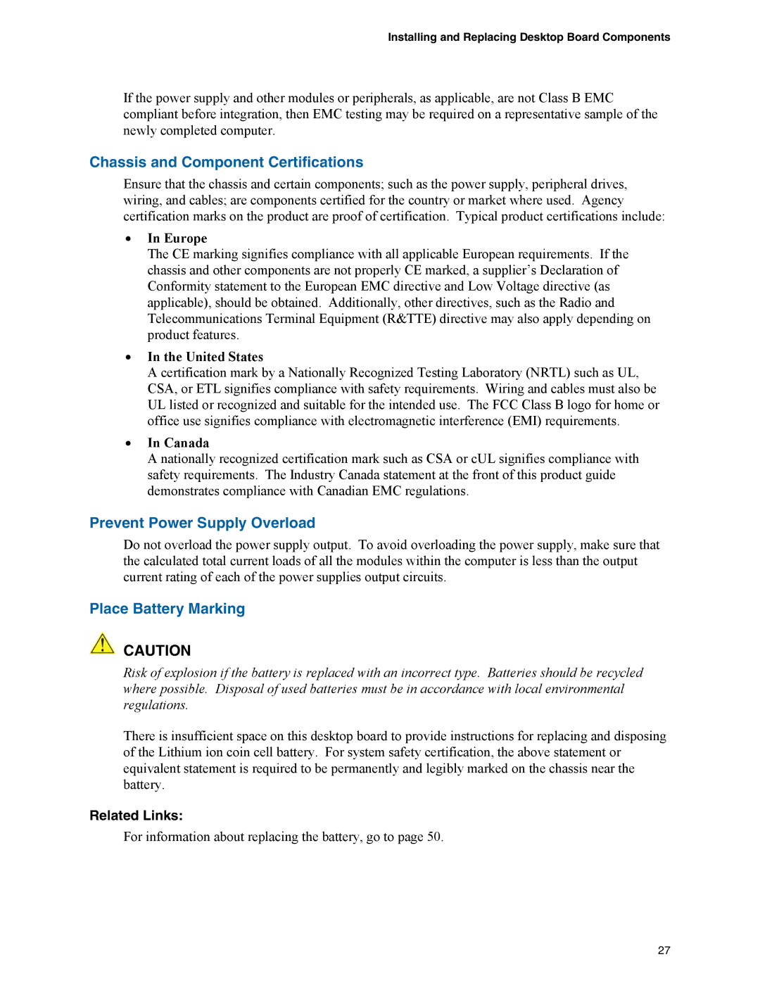 Intel D945GCZ manual Chassis and Component Certifications, Prevent Power Supply Overload, Place Battery Marking 