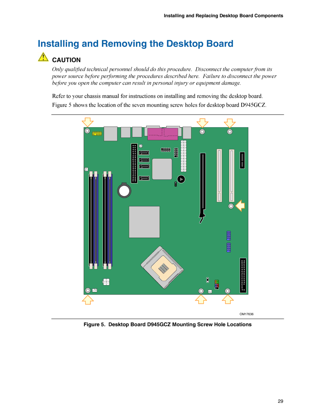 Intel manual Installing and Removing the Desktop Board, Desktop Board D945GCZ Mounting Screw Hole Locations 