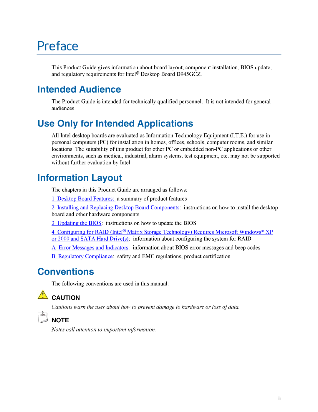 Intel D945GCZ manual Intended Audience, Use Only for Intended Applications, Information Layout, Conventions 