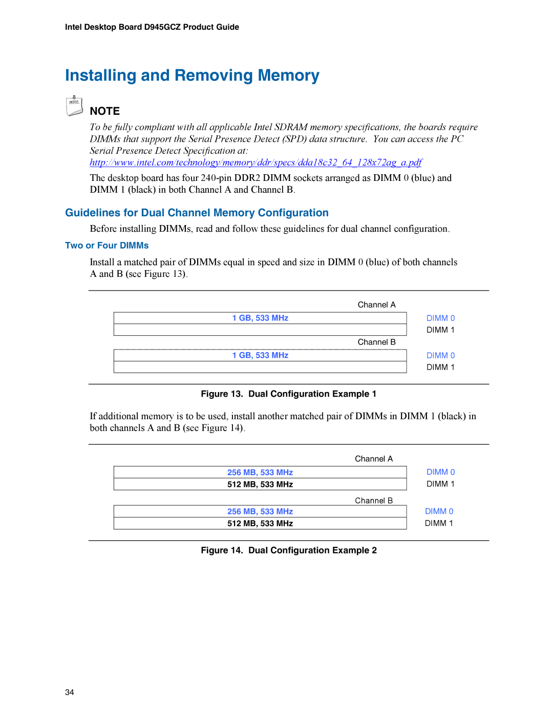 Intel D945GCZ manual Installing and Removing Memory, Guidelines for Dual Channel Memory Configuration, 512 MB, 533 MHz 