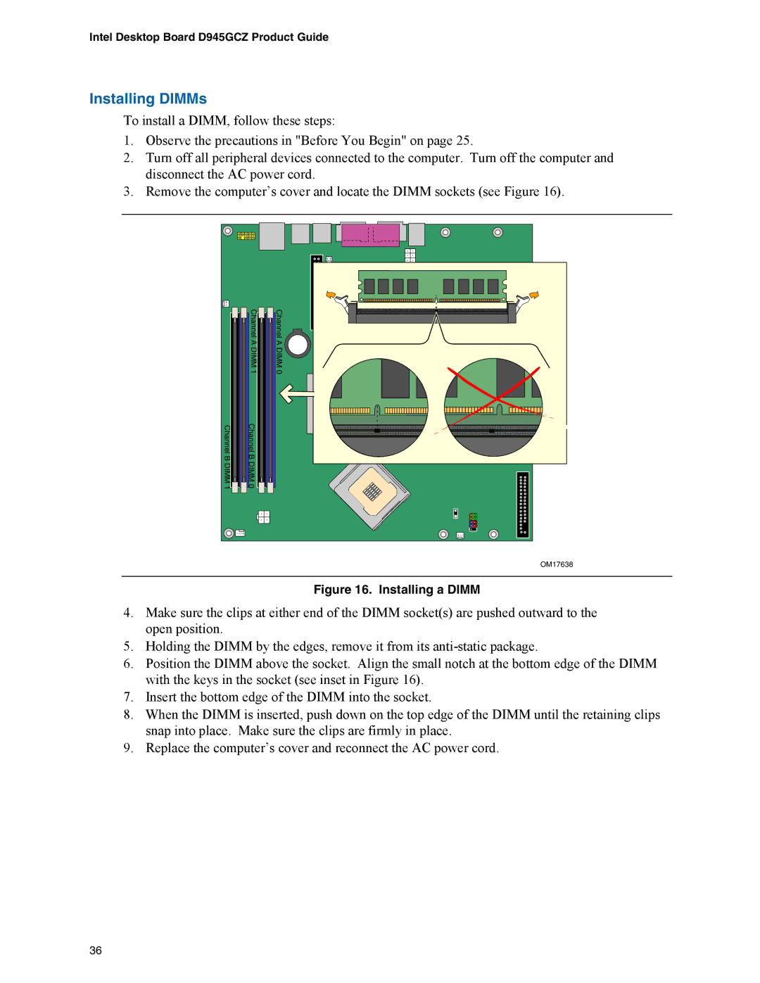 Intel D945GCZ manual Installing DIMMs, Installing a Dimm 