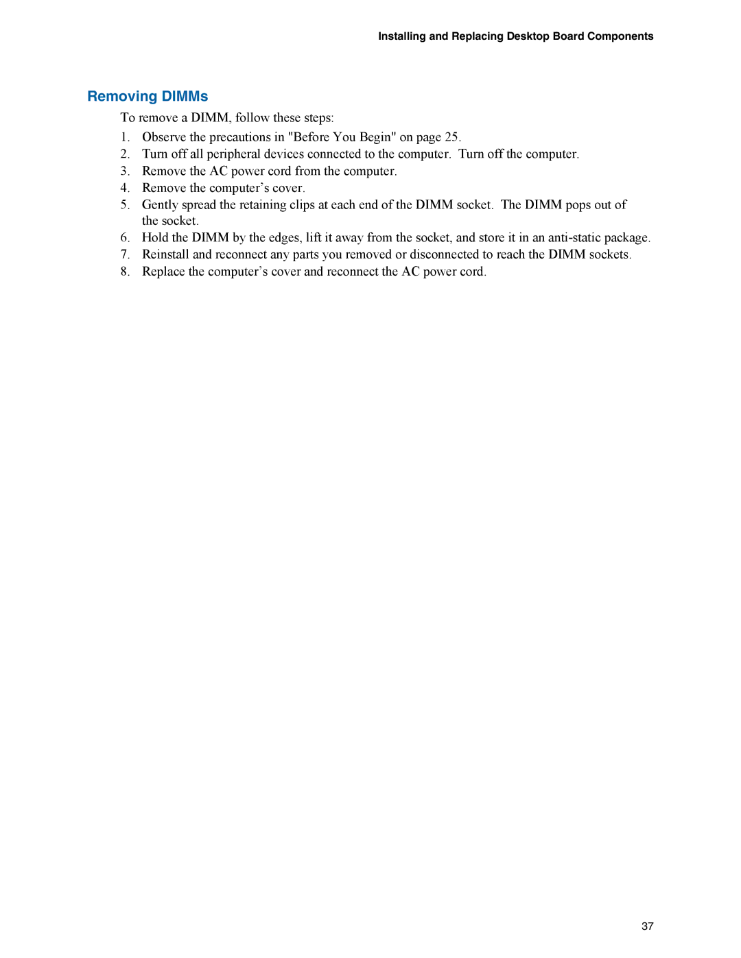 Intel D945GCZ manual Removing DIMMs 