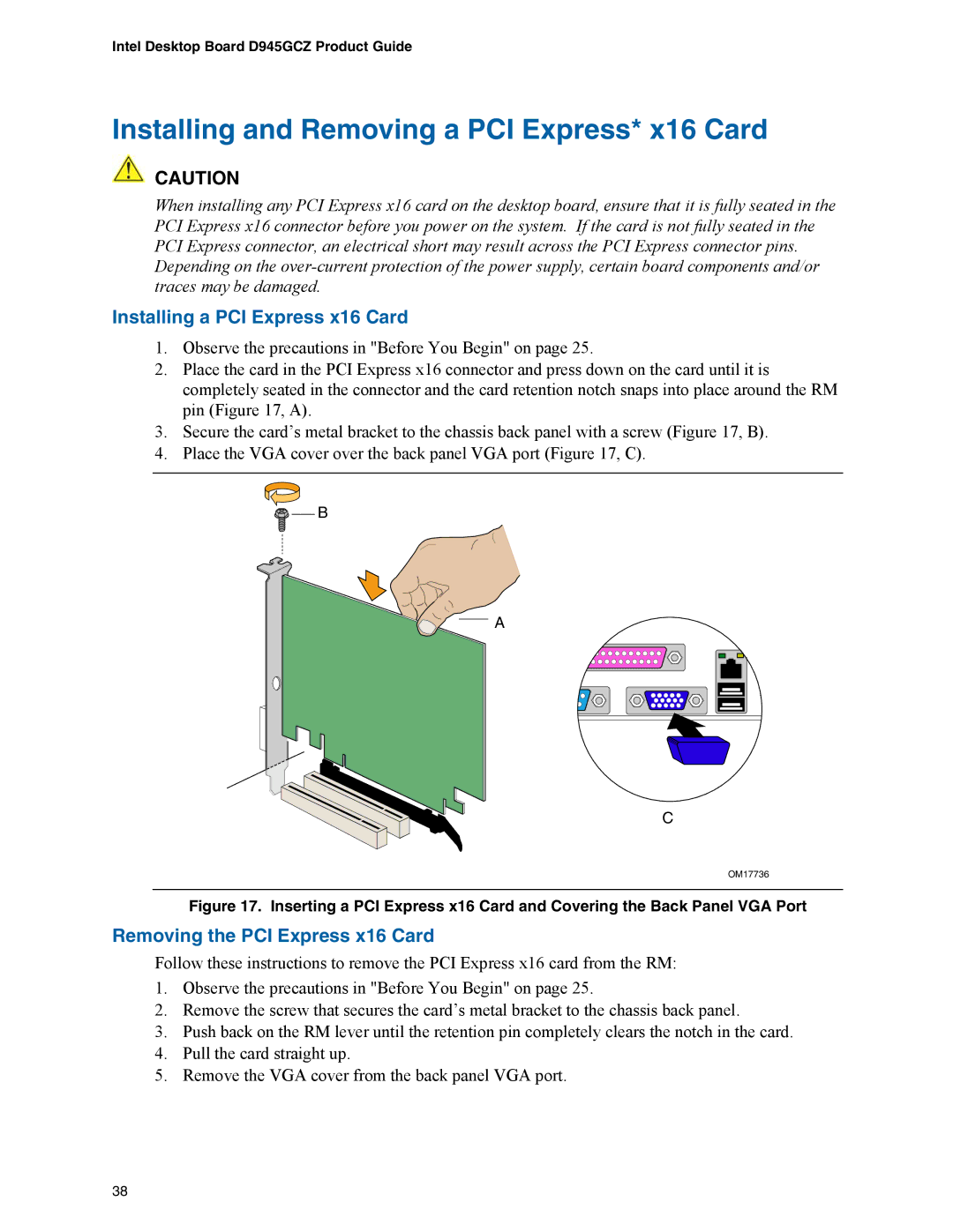 Intel D945GCZ manual Installing and Removing a PCI Express* x16 Card, Installing a PCI Express x16 Card 