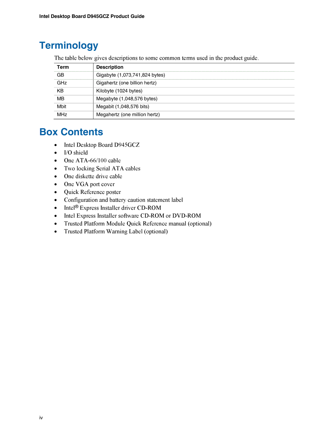 Intel D945GCZ manual Terminology, Box Contents 