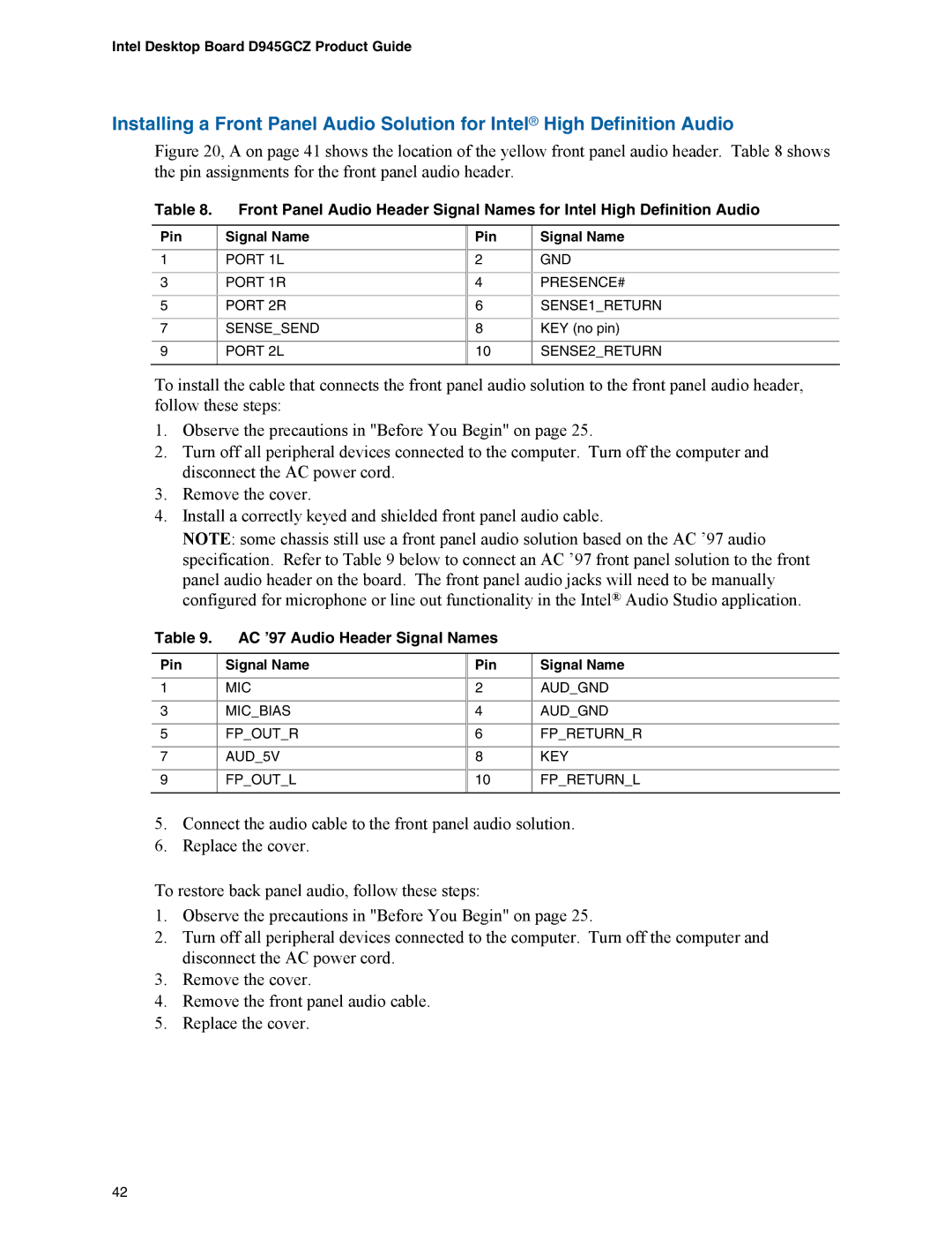 Intel D945GCZ manual AC ’97 Audio Header Signal Names, Pin Signal Name 