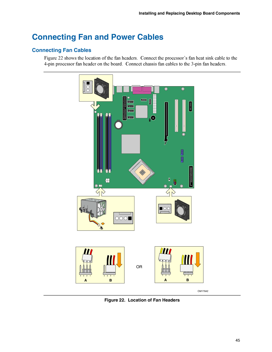 Intel D945GCZ manual Connecting Fan and Power Cables, Connecting Fan Cables 