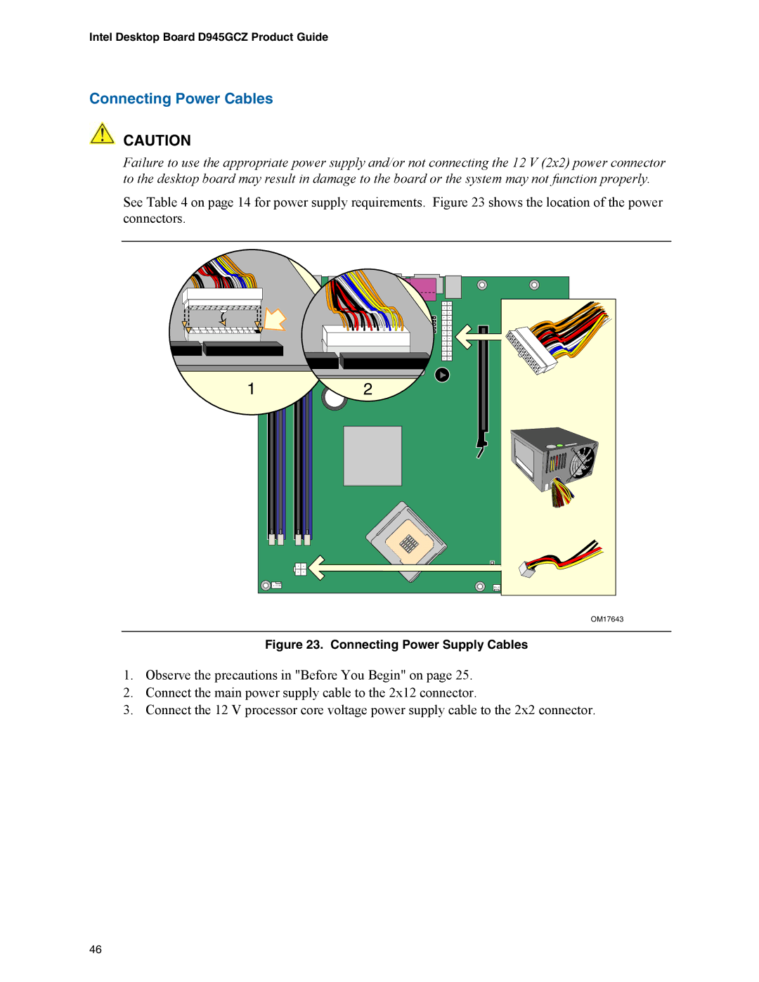 Intel D945GCZ manual Connecting Power Cables, Connecting Power Supply Cables 