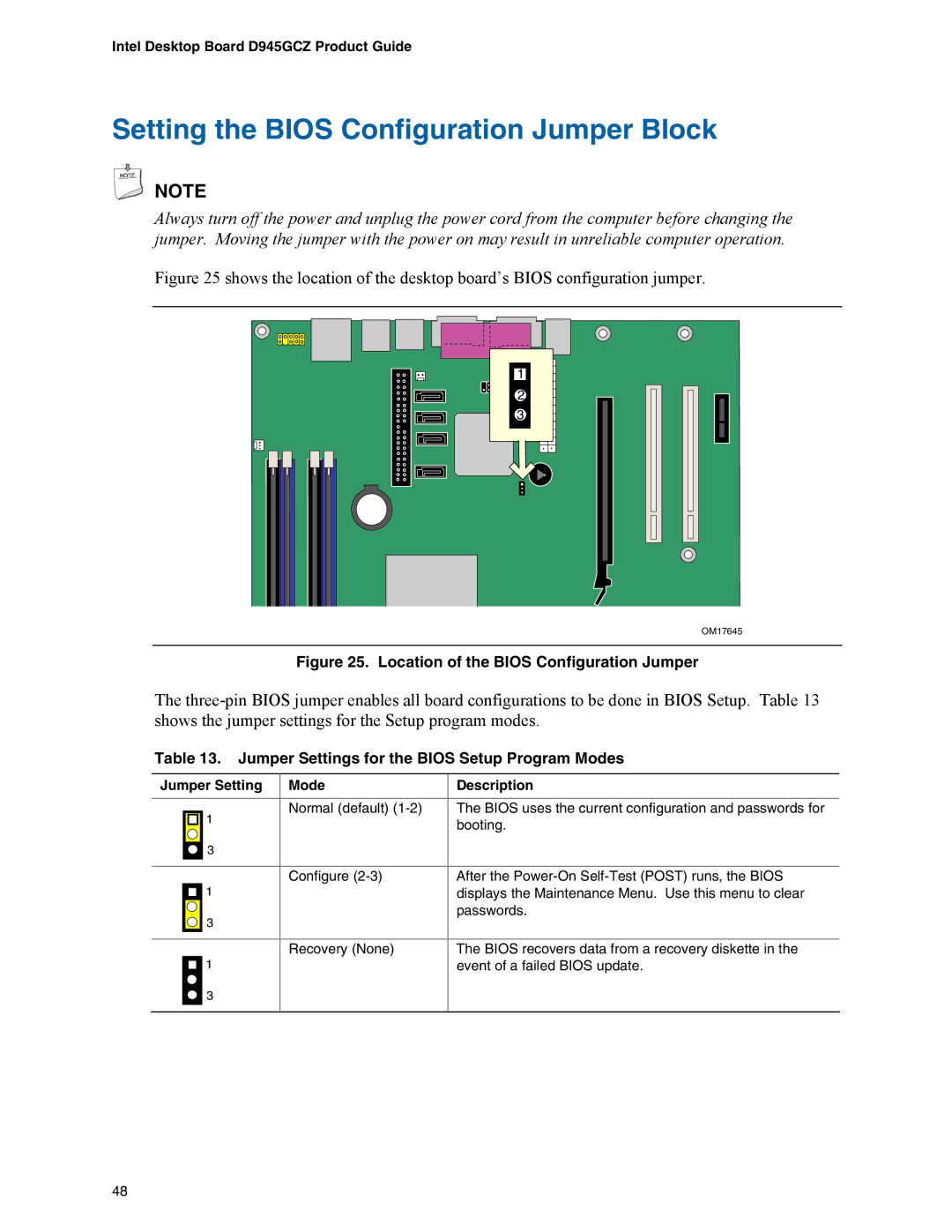 Intel D945GCZ manual Setting the Bios Configuration Jumper Block, Jumper Settings for the Bios Setup Program Modes 