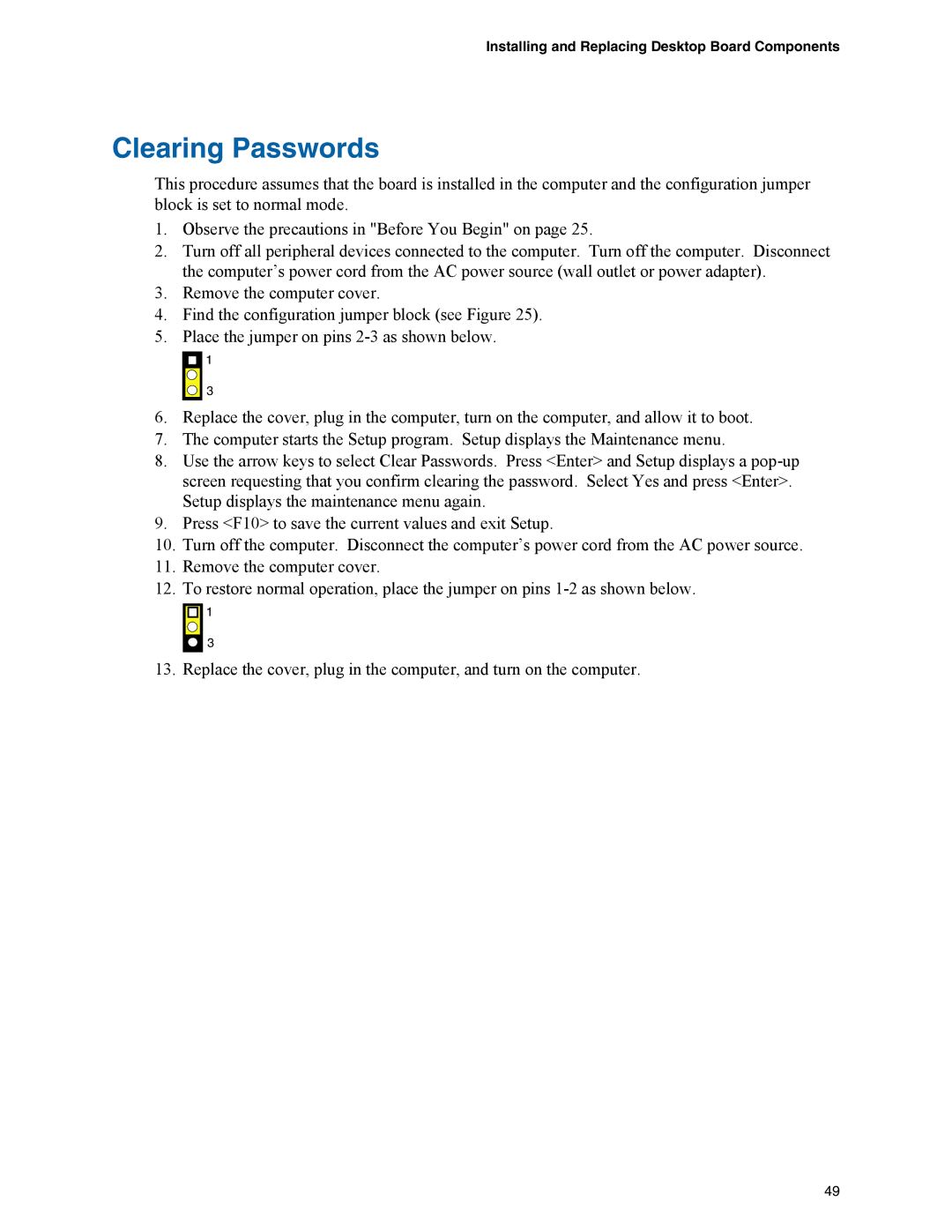 Intel D945GCZ manual Clearing Passwords 