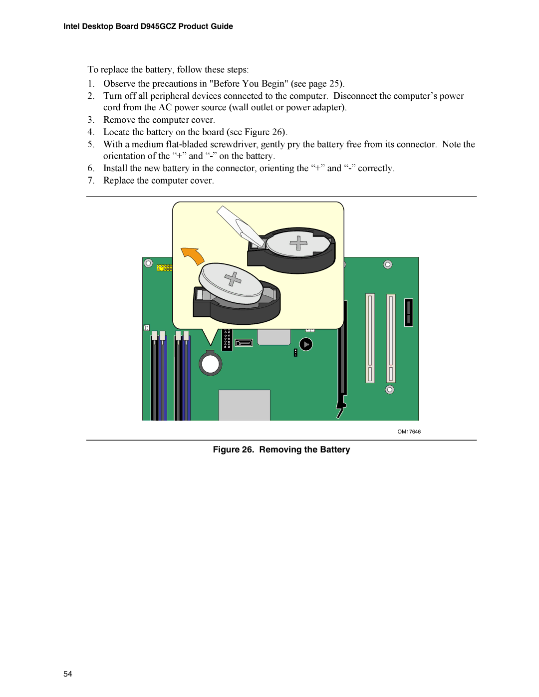 Intel D945GCZ manual Removing the Battery 