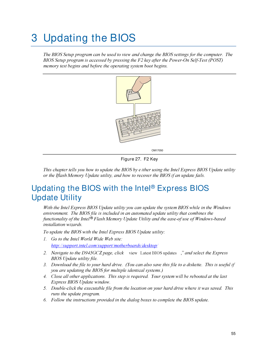 Intel D945GCZ manual Updating the Bios 