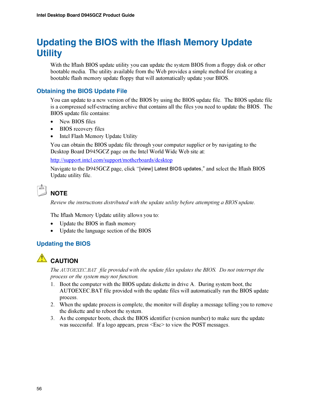 Intel D945GCZ manual Updating the Bios with the Iflash Memory Update Utility, Obtaining the Bios Update File 