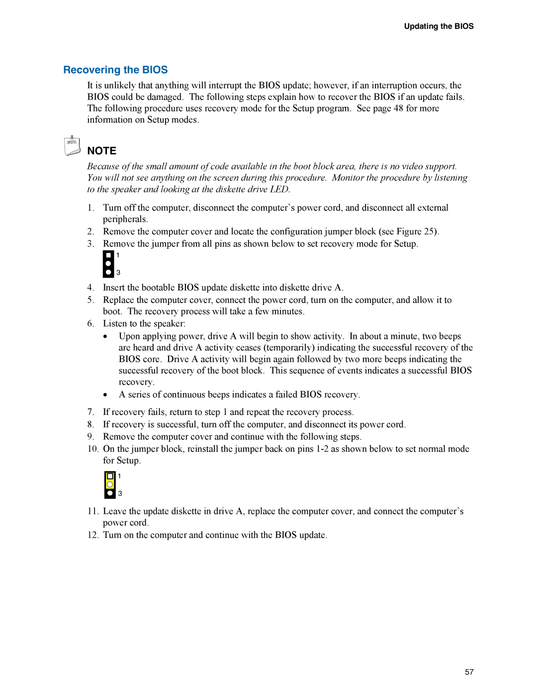 Intel D945GCZ manual Recovering the Bios, Updating the Bios 