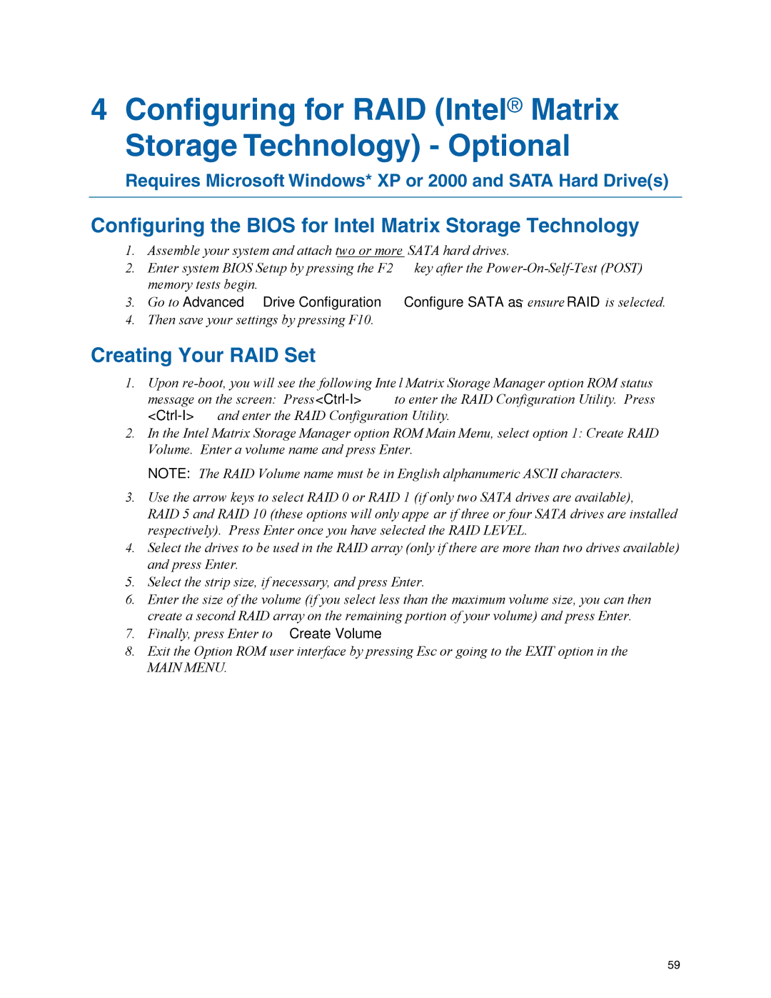 Intel D945GCZ manual Configuring the Bios for Intel Matrix Storage Technology 