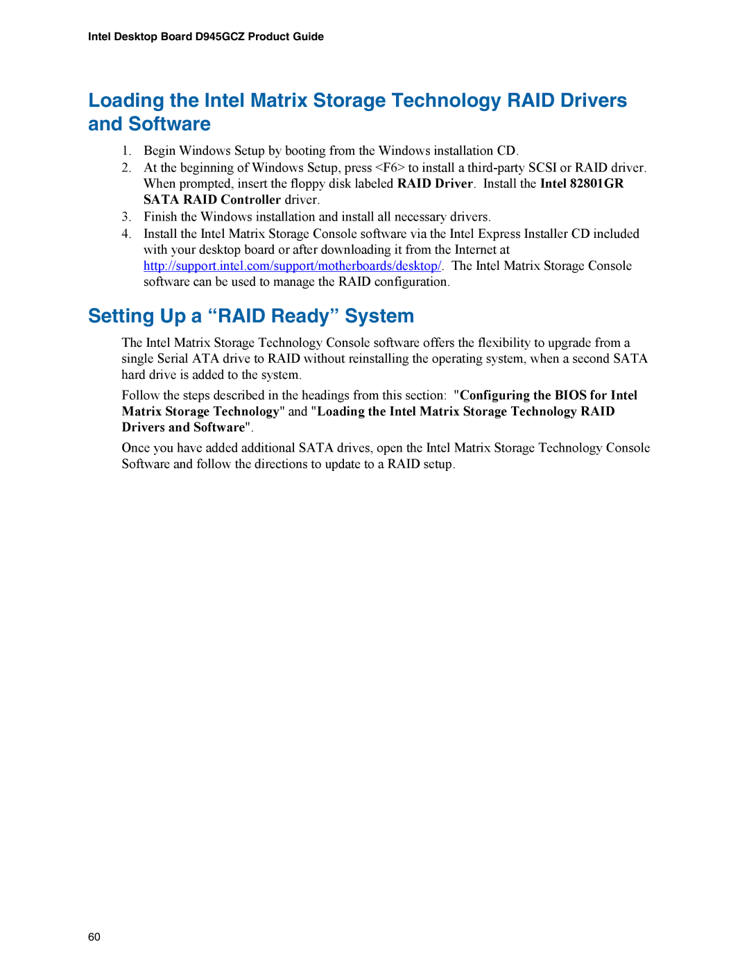Intel D945GCZ manual Setting Up a RAID Ready System 