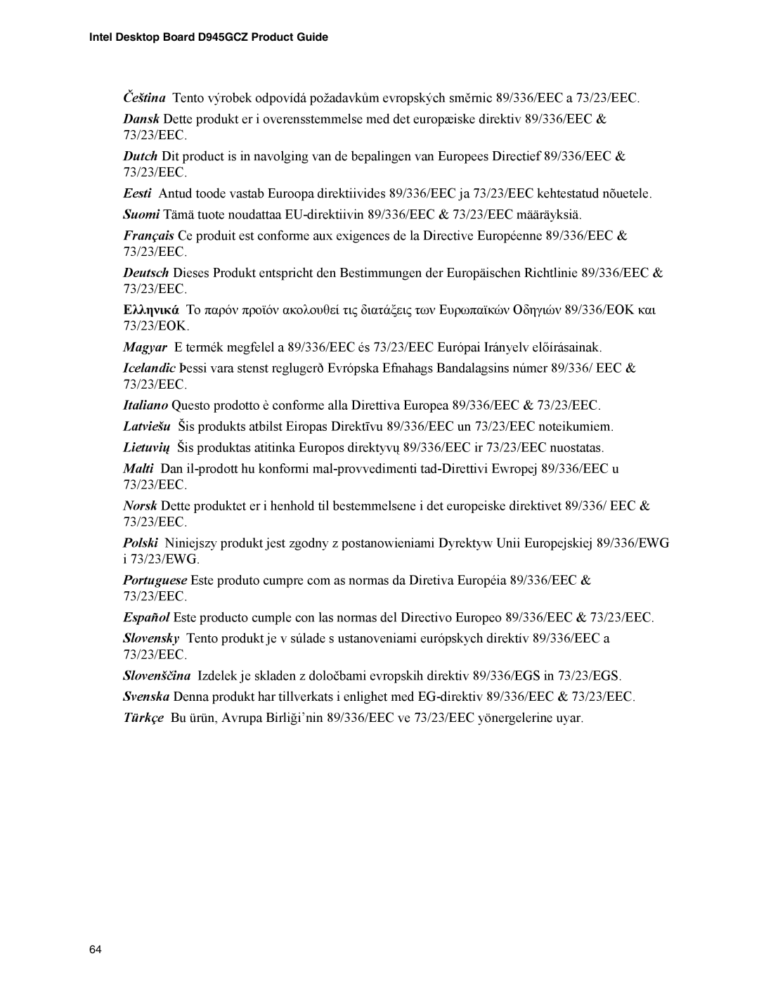 Intel manual Intel Desktop Board D945GCZ Product Guide 