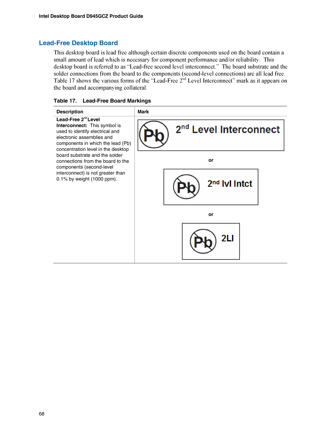 Intel D945GCZ manual Lead-Free Desktop Board, Lead-Free Board Markings 