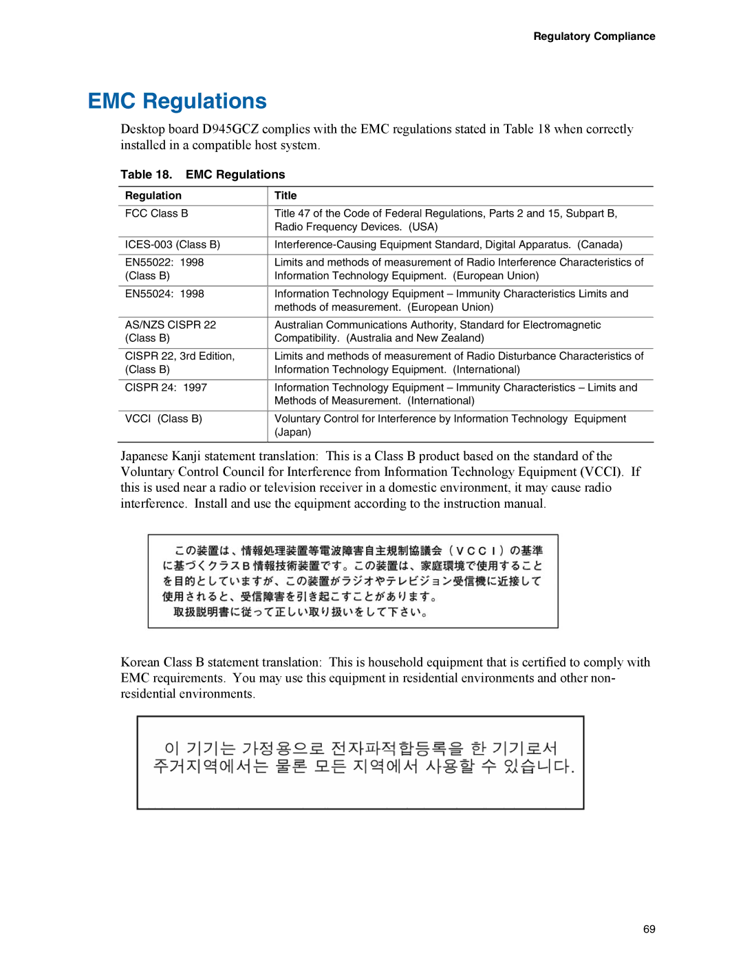 Intel D945GCZ manual EMC Regulations 