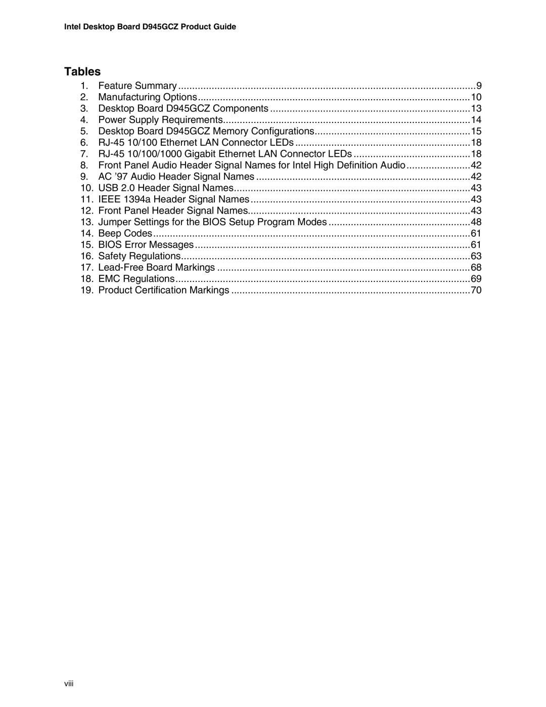 Intel D945GCZ manual Tables 