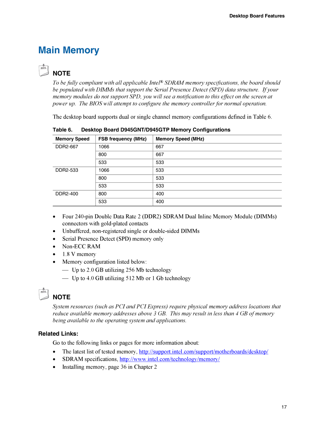 Intel Main Memory, Desktop Board D945GNT/D945GTP Memory Configurations, Memory Speed FSB frequency MHz Memory Speed MHz 