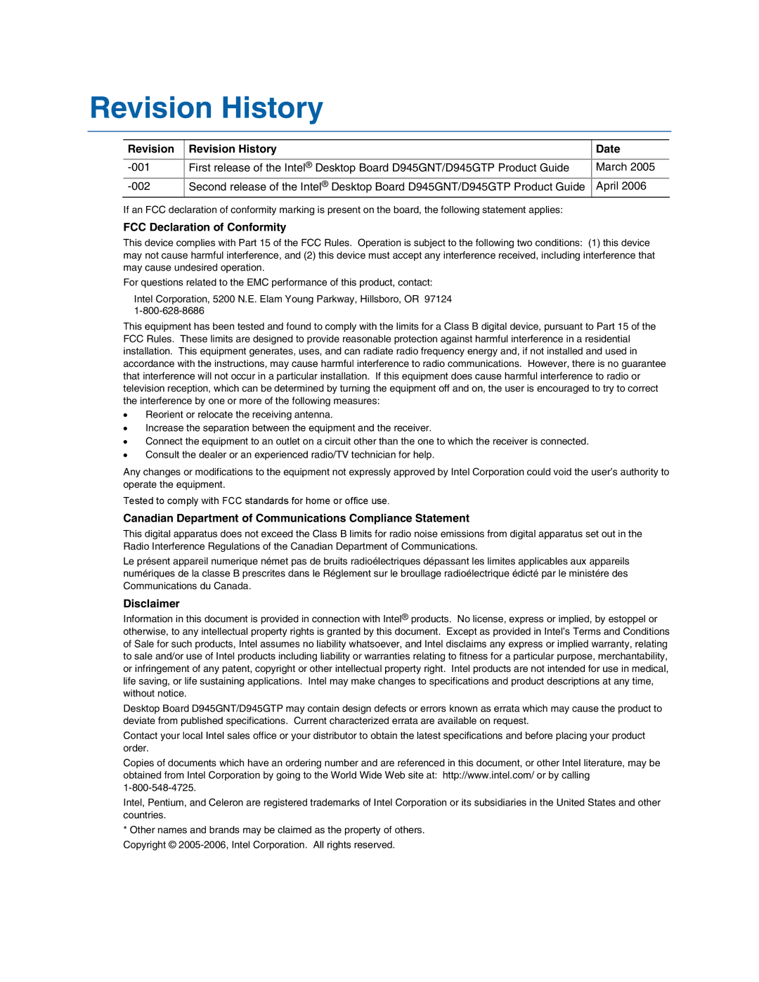 Intel D945GNT/D945GTP manual Revision Revision History Date, FCC Declaration of Conformity, Disclaimer 