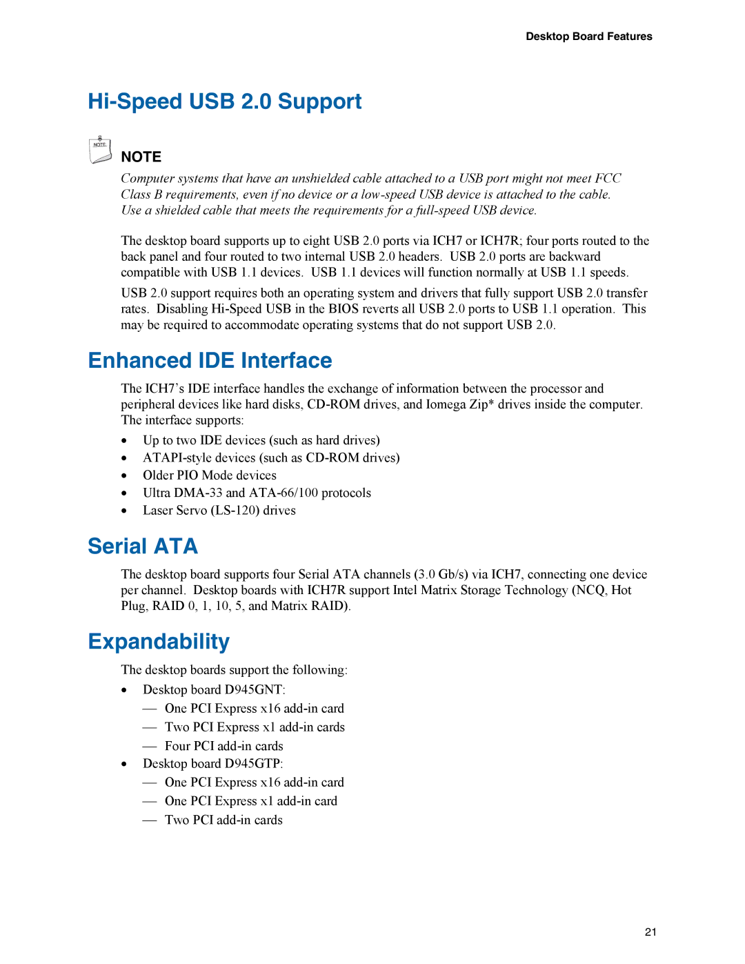 Intel D945GNT/D945GTP manual Hi-Speed USB 2.0 Support, Enhanced IDE Interface, Serial ATA, Expandability 