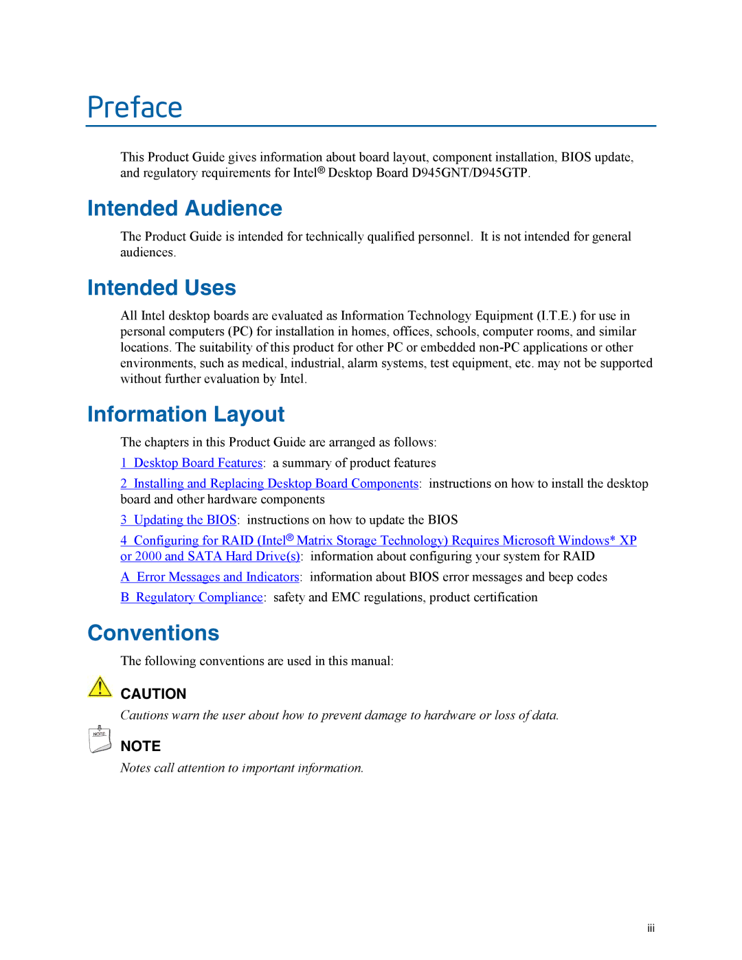 Intel D945GNT/D945GTP manual Intended Audience, Intended Uses, Information Layout, Conventions 