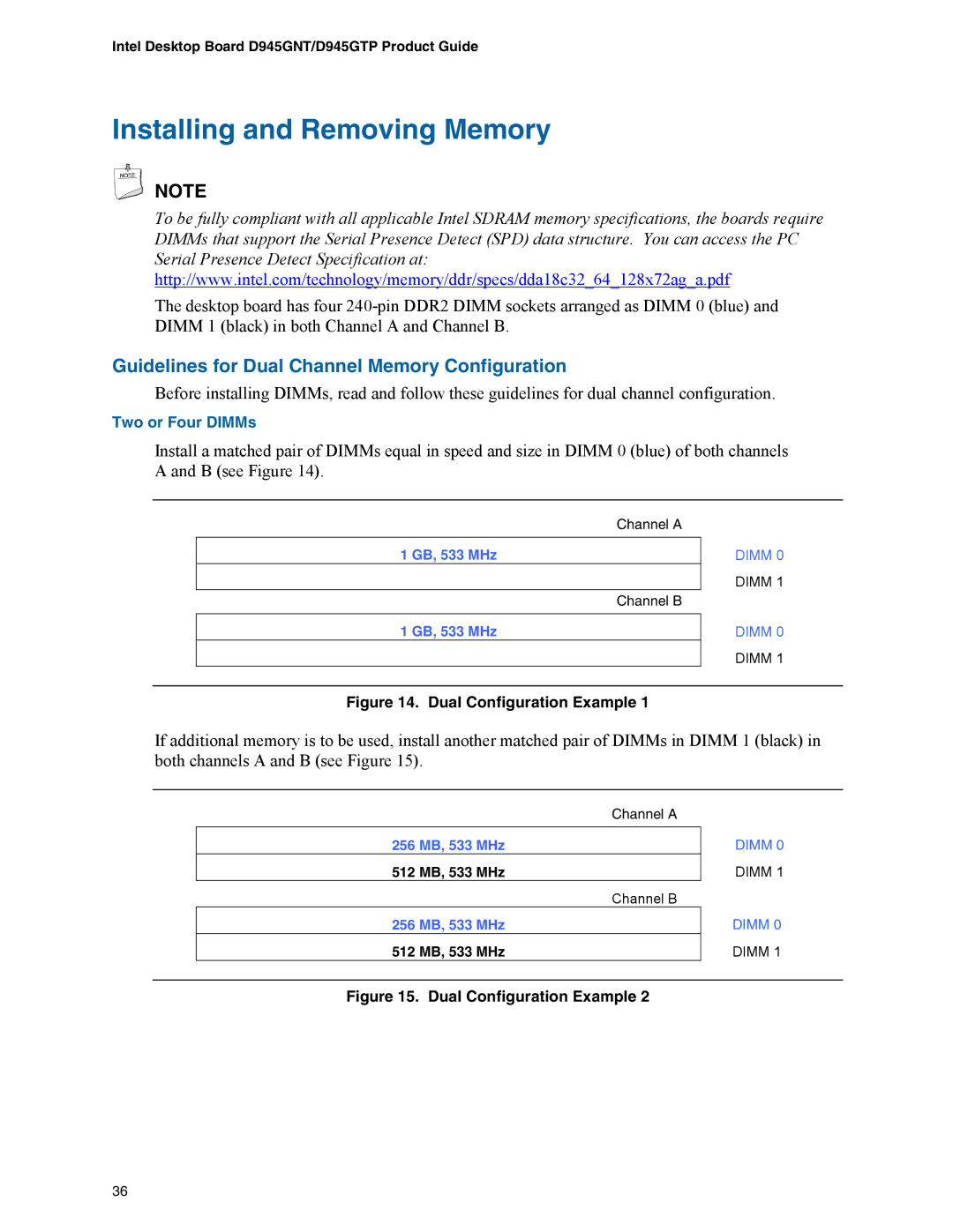 Intel D945GNT/D945GTP Installing and Removing Memory, Guidelines for Dual Channel Memory Configuration, 512 MB, 533 MHz 