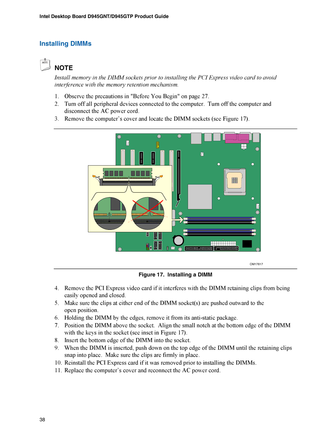 Intel D945GNT/D945GTP manual Installing DIMMs, Installing a Dimm 