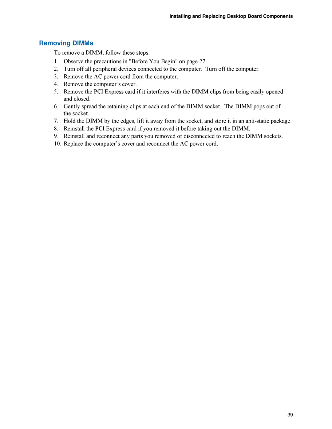 Intel D945GNT/D945GTP manual Removing DIMMs 