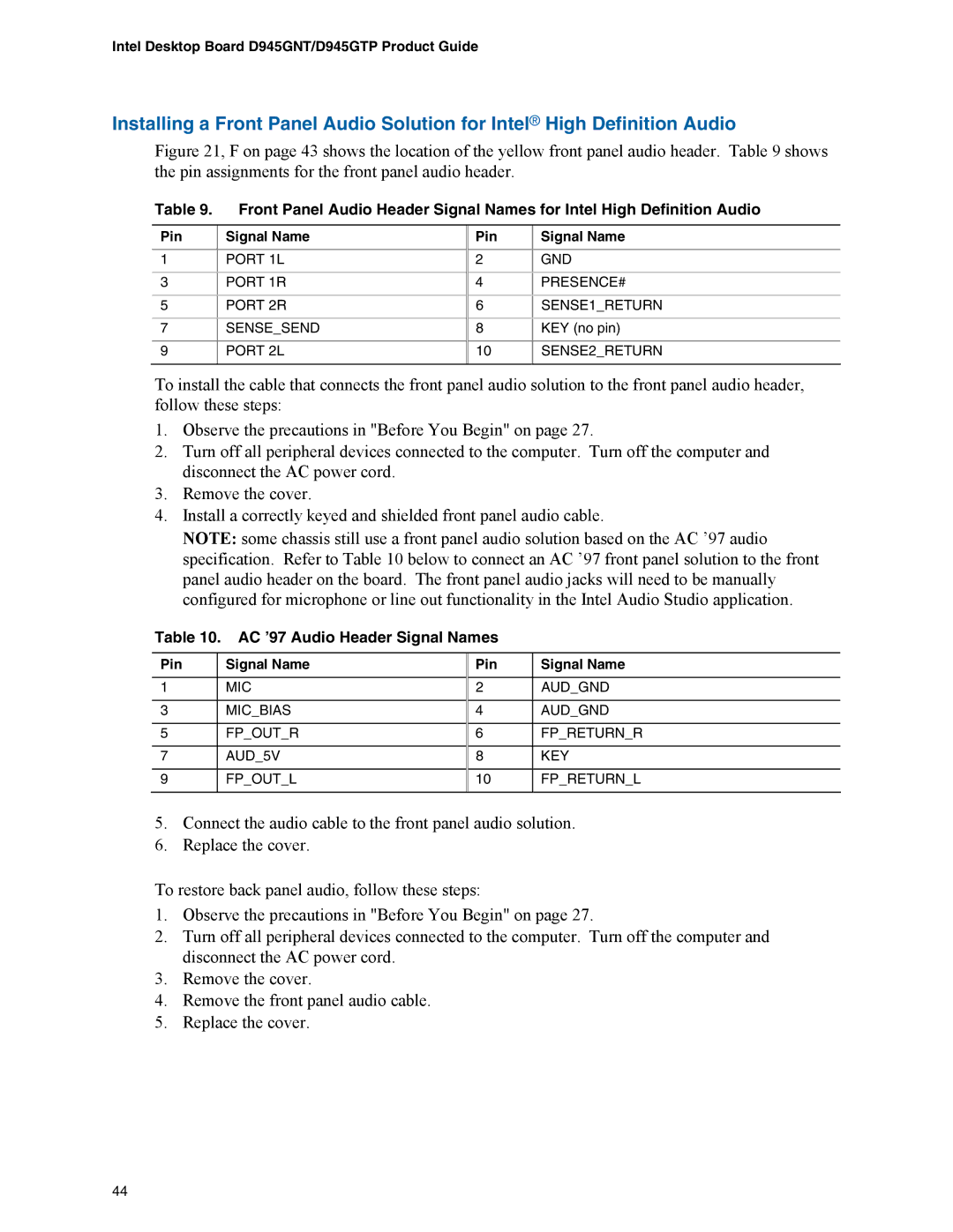 Intel D945GNT/D945GTP manual AC ’97 Audio Header Signal Names, Pin Signal Name 