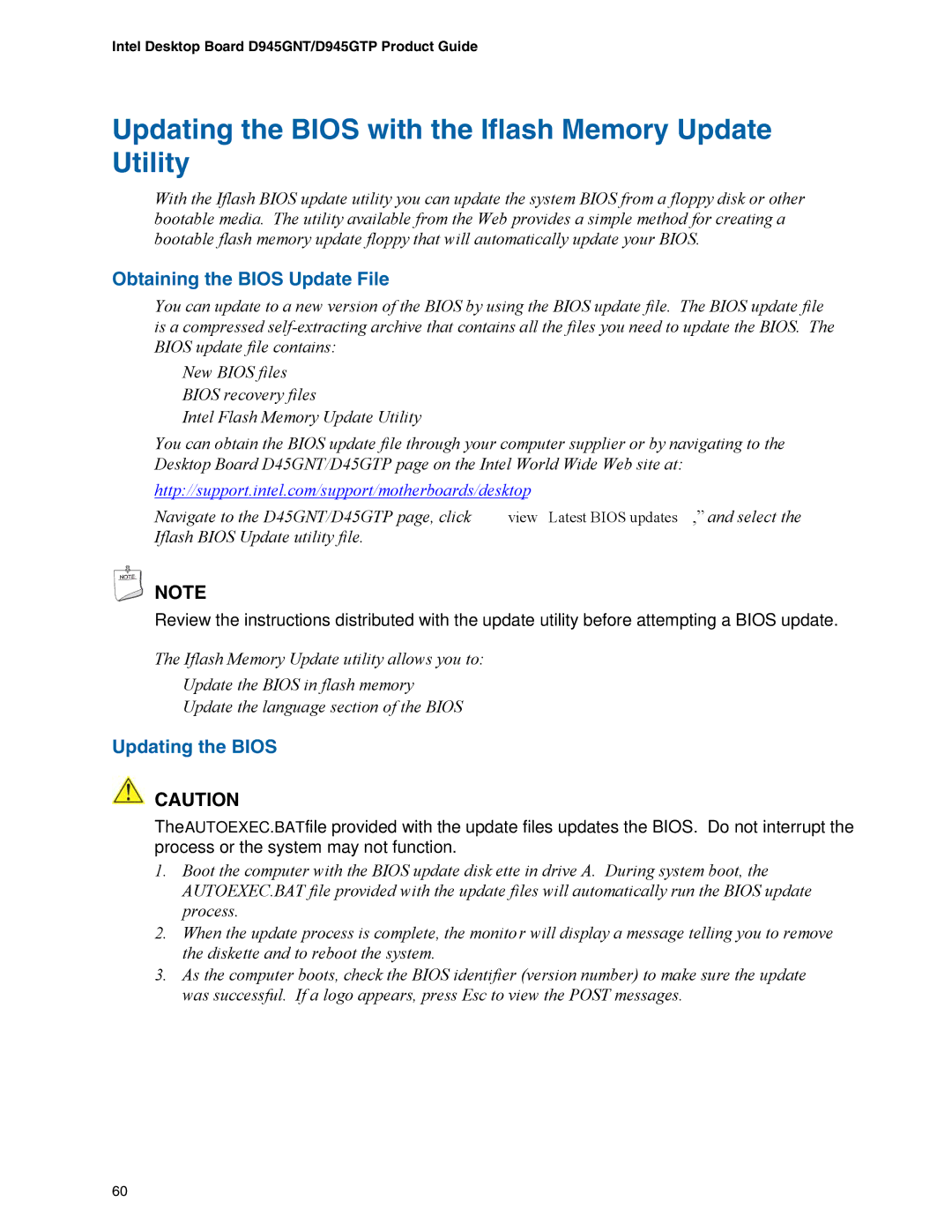 Intel D945GNT/D945GTP manual Updating the Bios with the Iflash Memory Update Utility, Obtaining the Bios Update File 