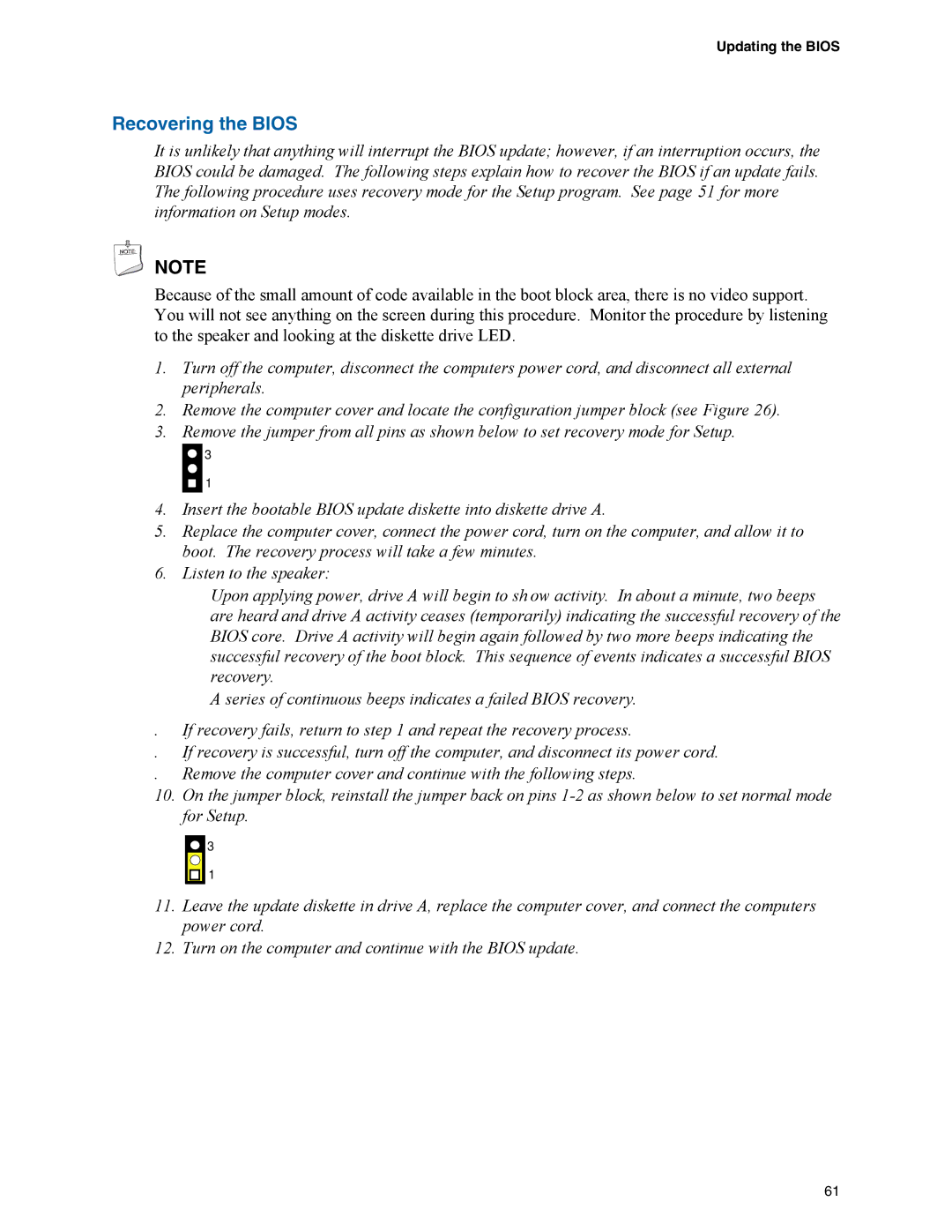 Intel D945GNT/D945GTP manual Recovering the Bios, Updating the Bios 