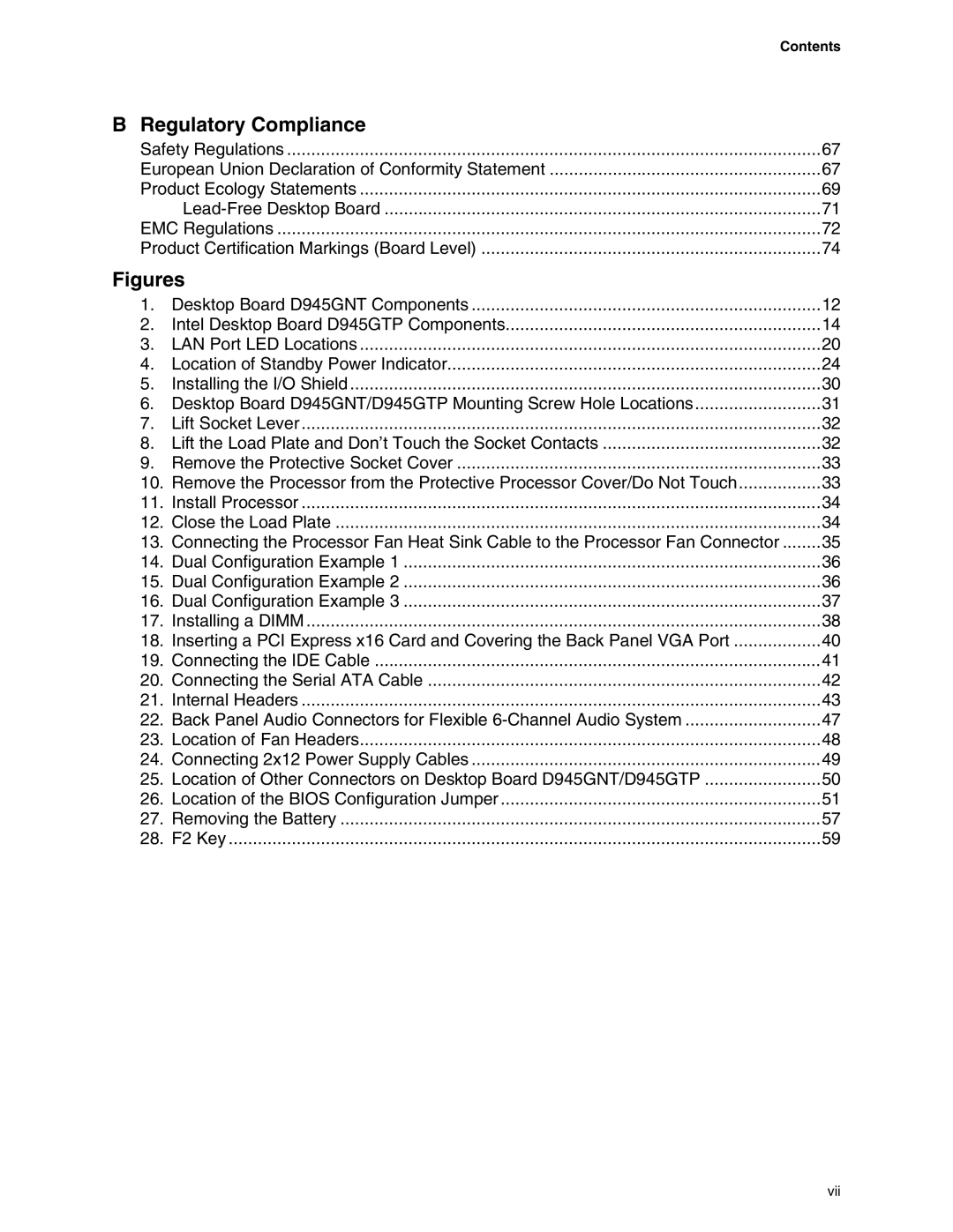 Intel D945GNT/D945GTP manual Regulatory Compliance, Contents 