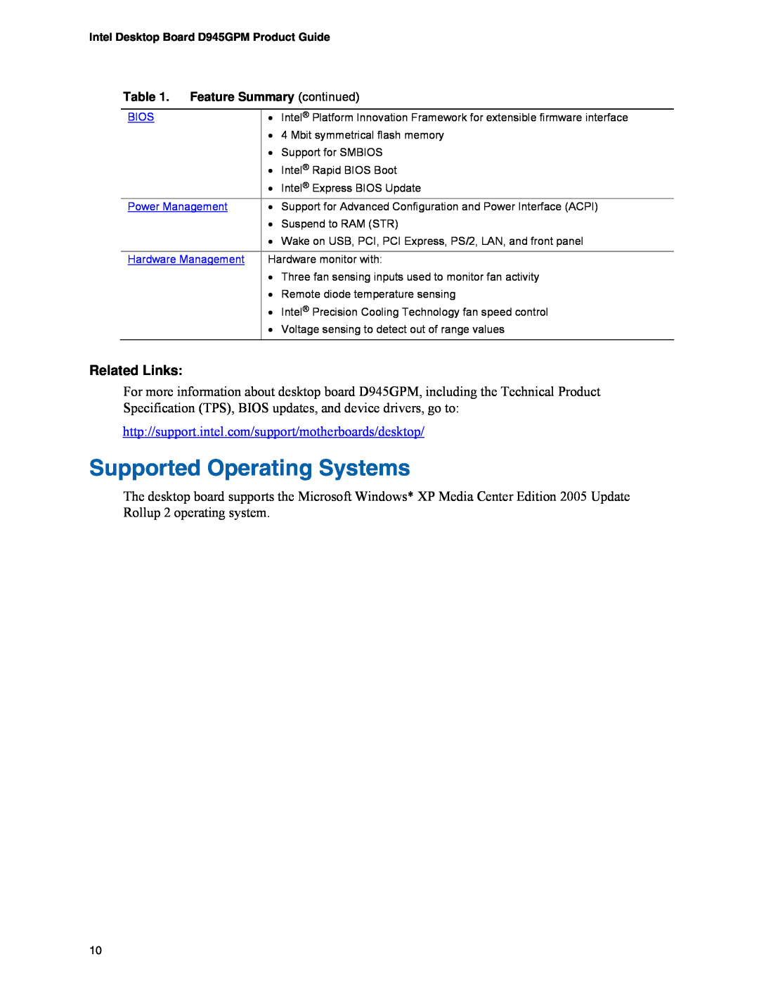 Intel D945GPM manual Supported Operating Systems, Related Links, http//support.intel.com/support/motherboards/desktop 
