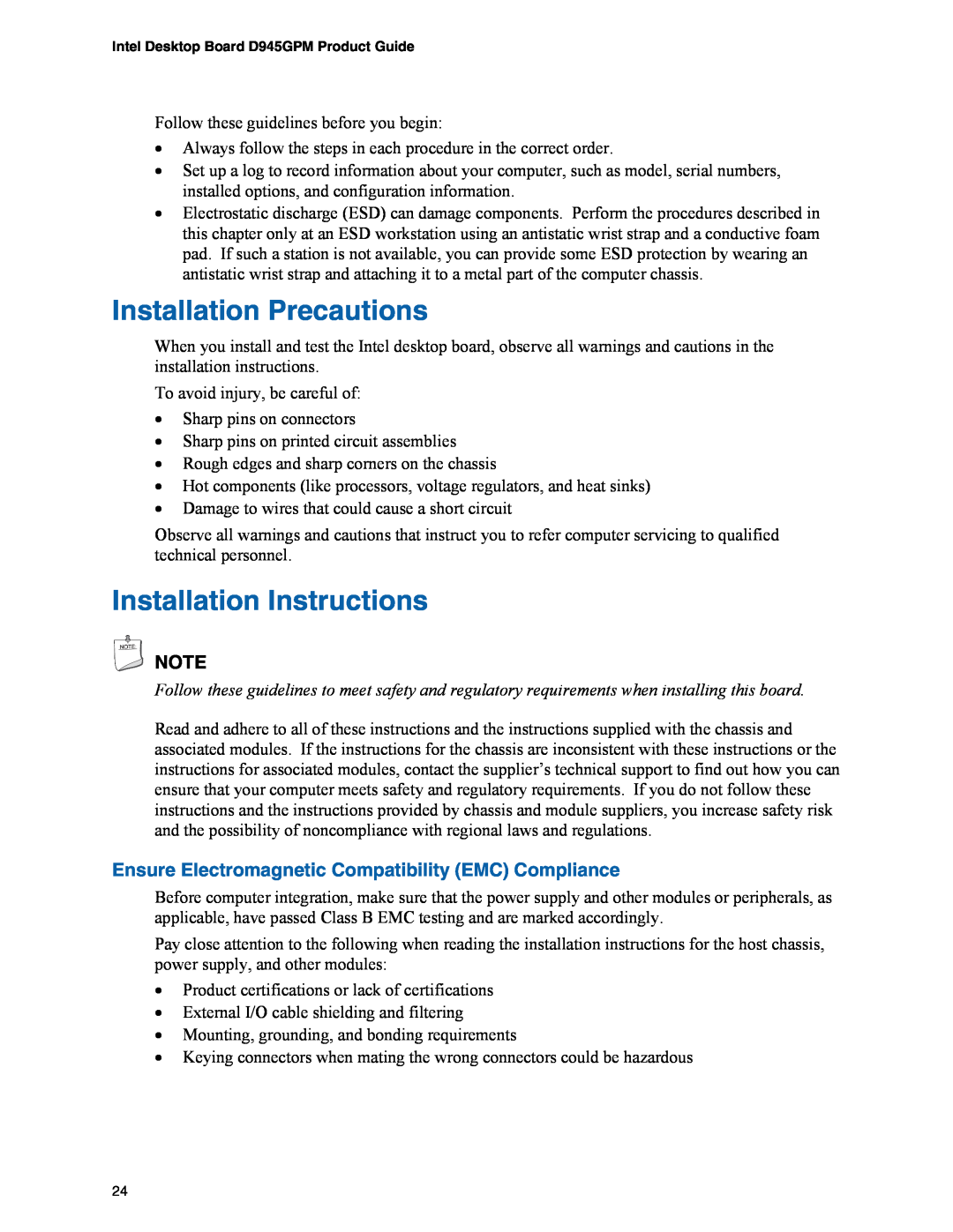 Intel D945GPM Installation Precautions, Installation Instructions, Ensure Electromagnetic Compatibility EMC Compliance 