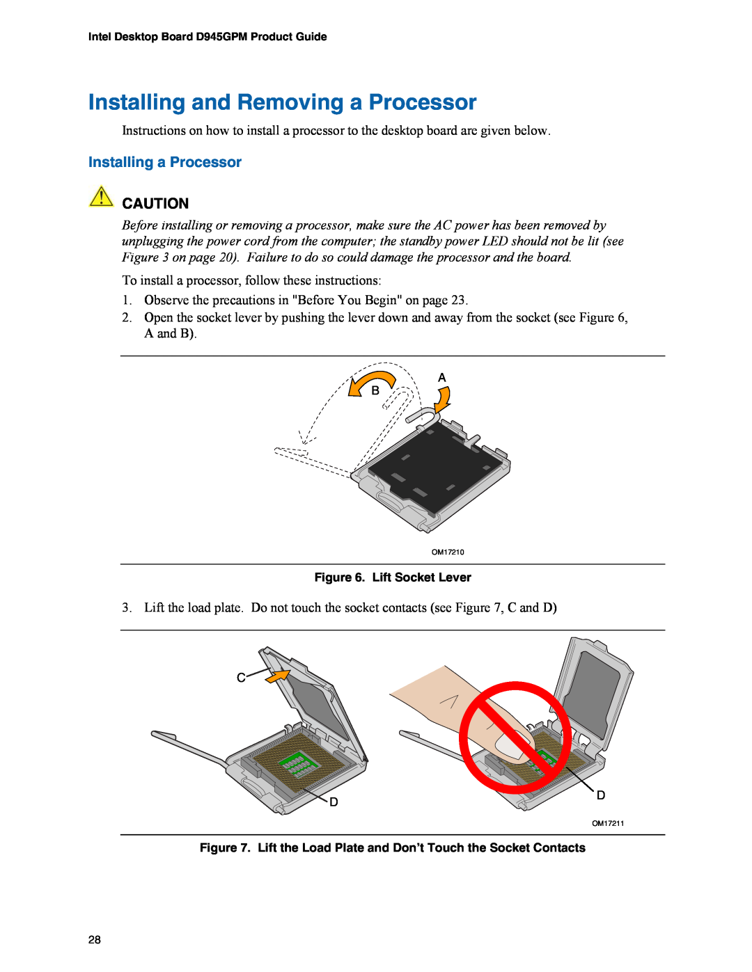 Intel D945GPM manual Installing and Removing a Processor, Installing a Processor 