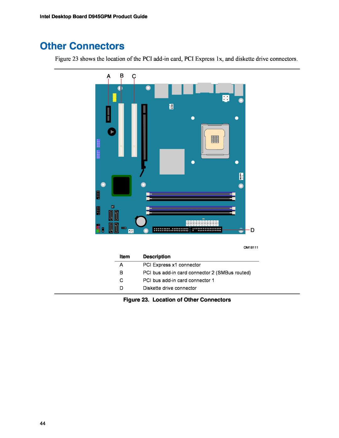 Intel manual A B C D, Location of Other Connectors, Intel Desktop Board D945GPM Product Guide 