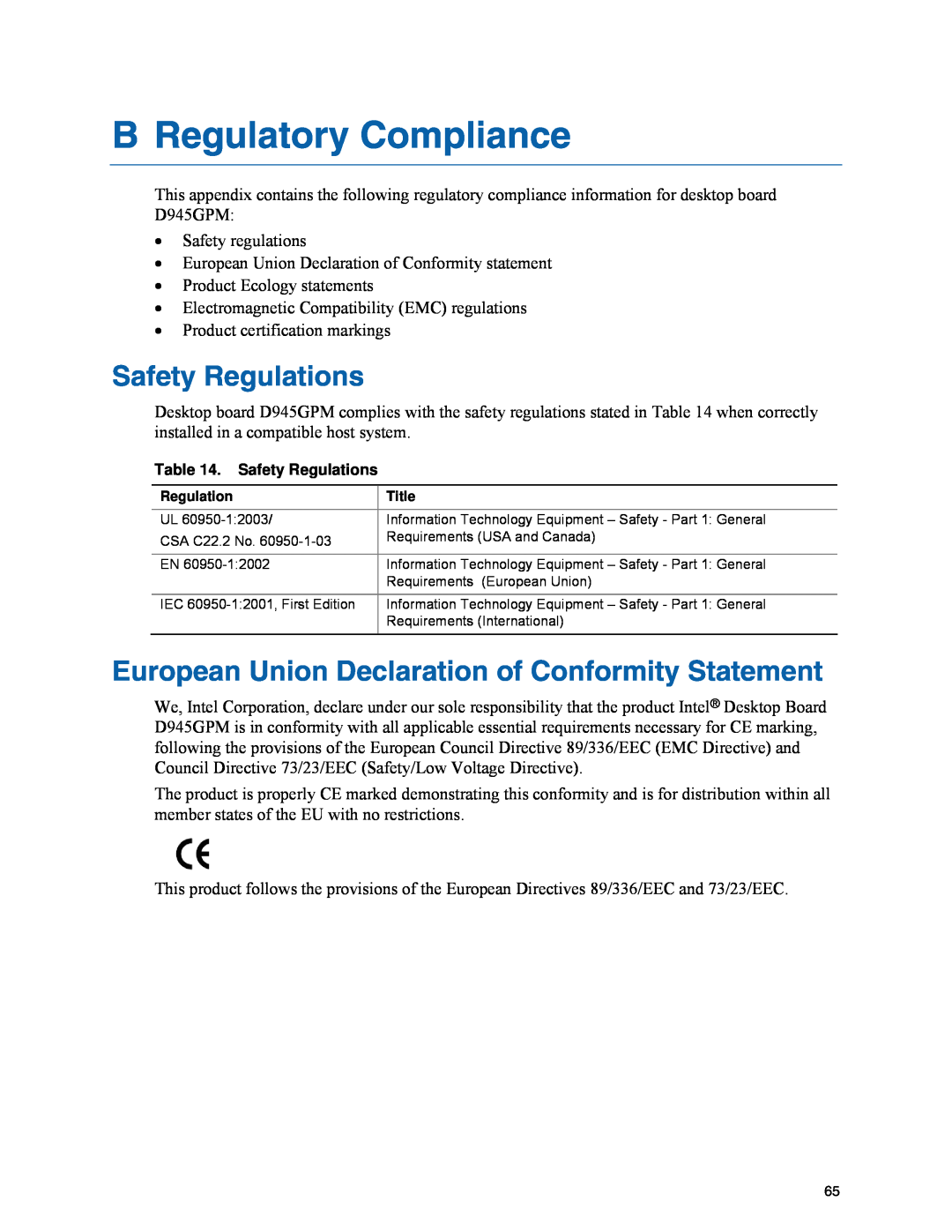Intel D945GPM manual B Regulatory Compliance, Safety Regulations, European Union Declaration of Conformity Statement 