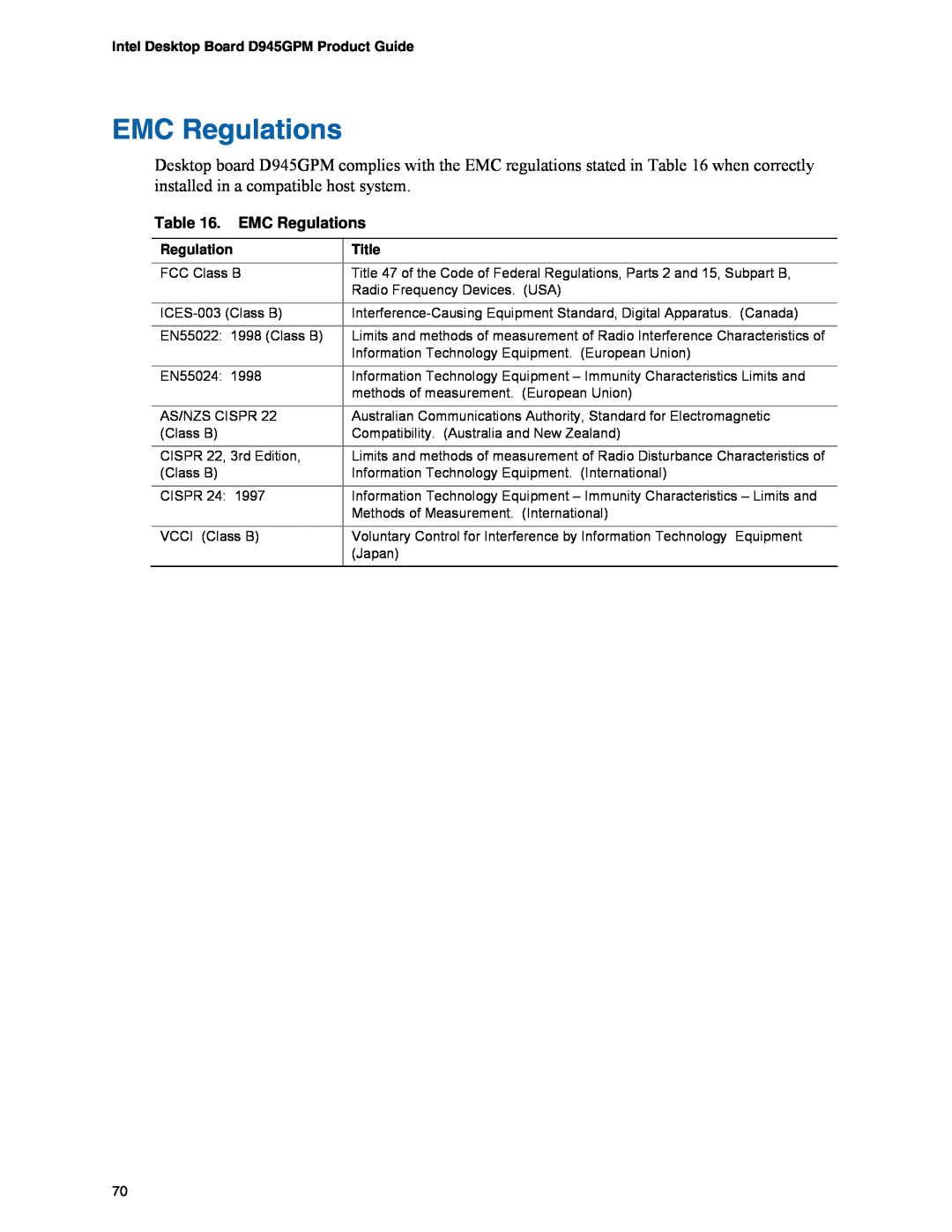 Intel manual EMC Regulations, Intel Desktop Board D945GPM Product Guide 