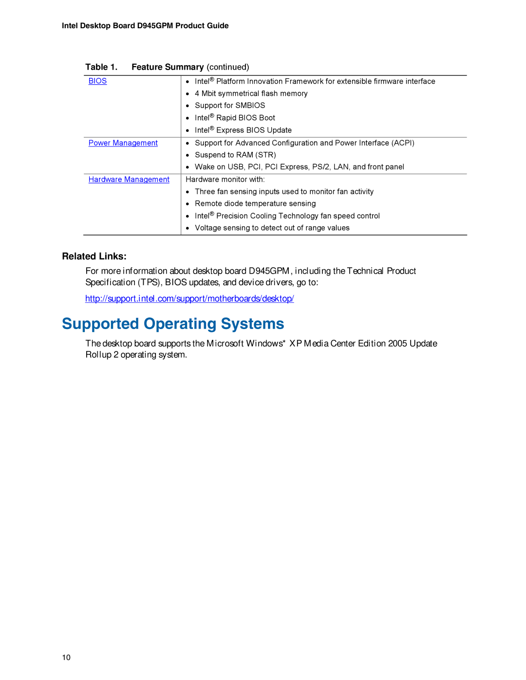 Intel D945GPM manual Supported Operating Systems, Bios 