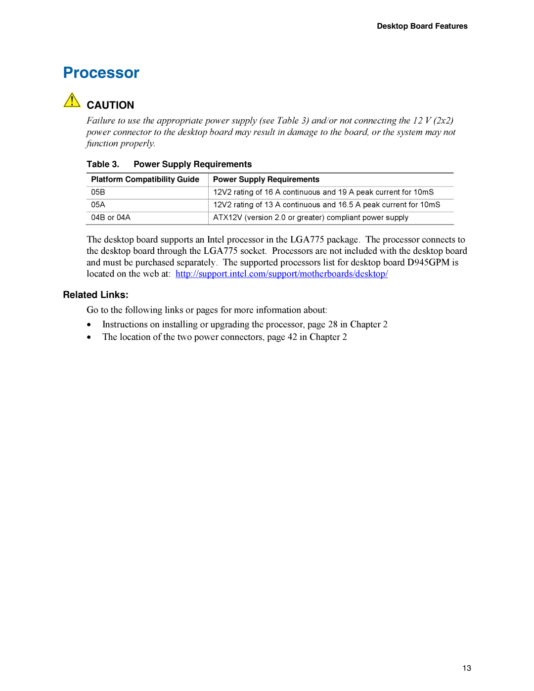 Intel D945GPM manual Processor, Platform Compatibility Guide Power Supply Requirements 