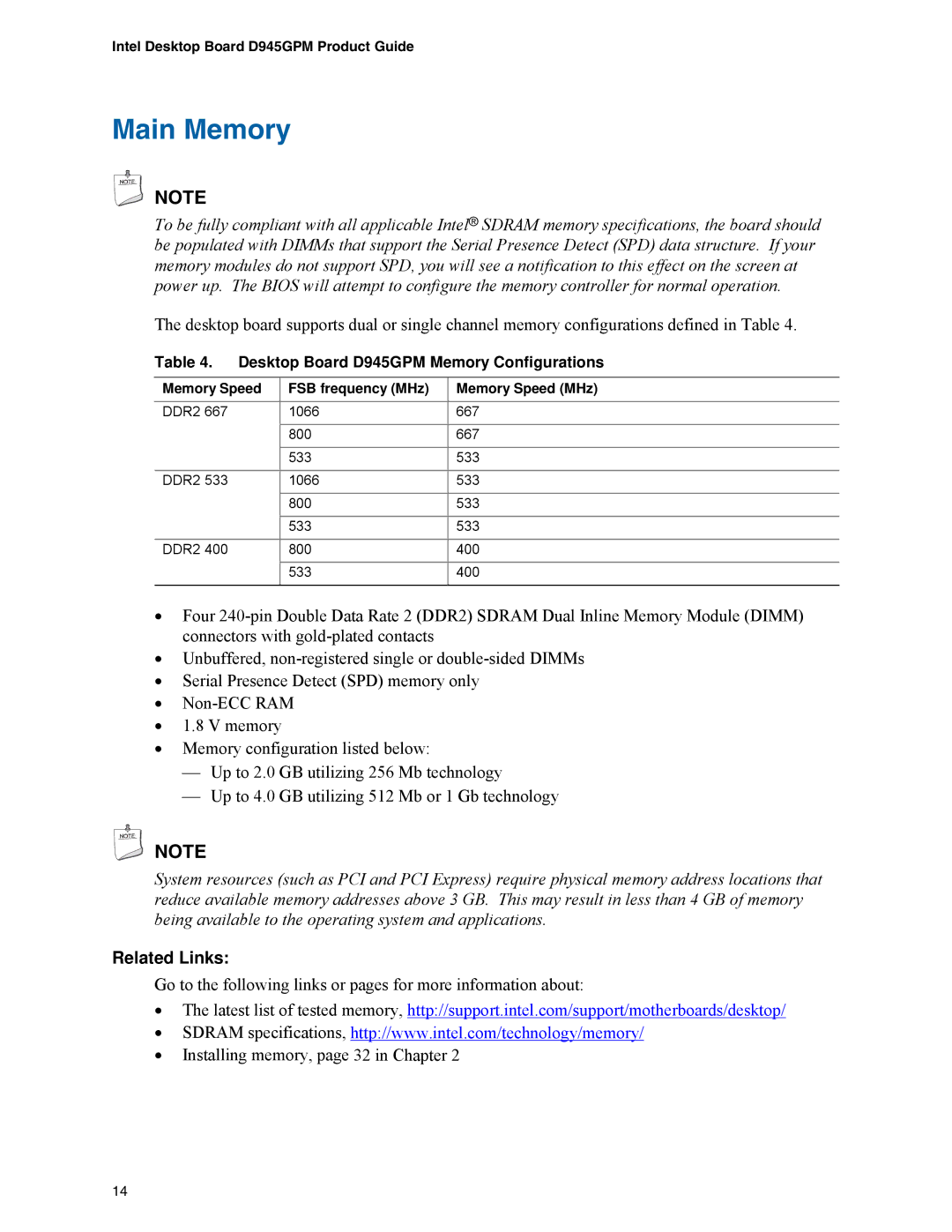 Intel manual Main Memory, Desktop Board D945GPM Memory Configurations, Memory Speed FSB frequency MHz Memory Speed MHz 