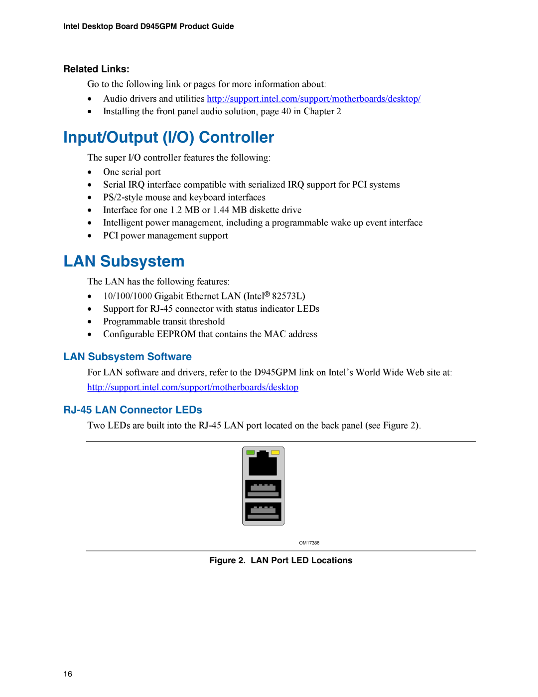 Intel D945GPM manual Input/Output I/O Controller, LAN Subsystem Software, RJ-45 LAN Connector LEDs 