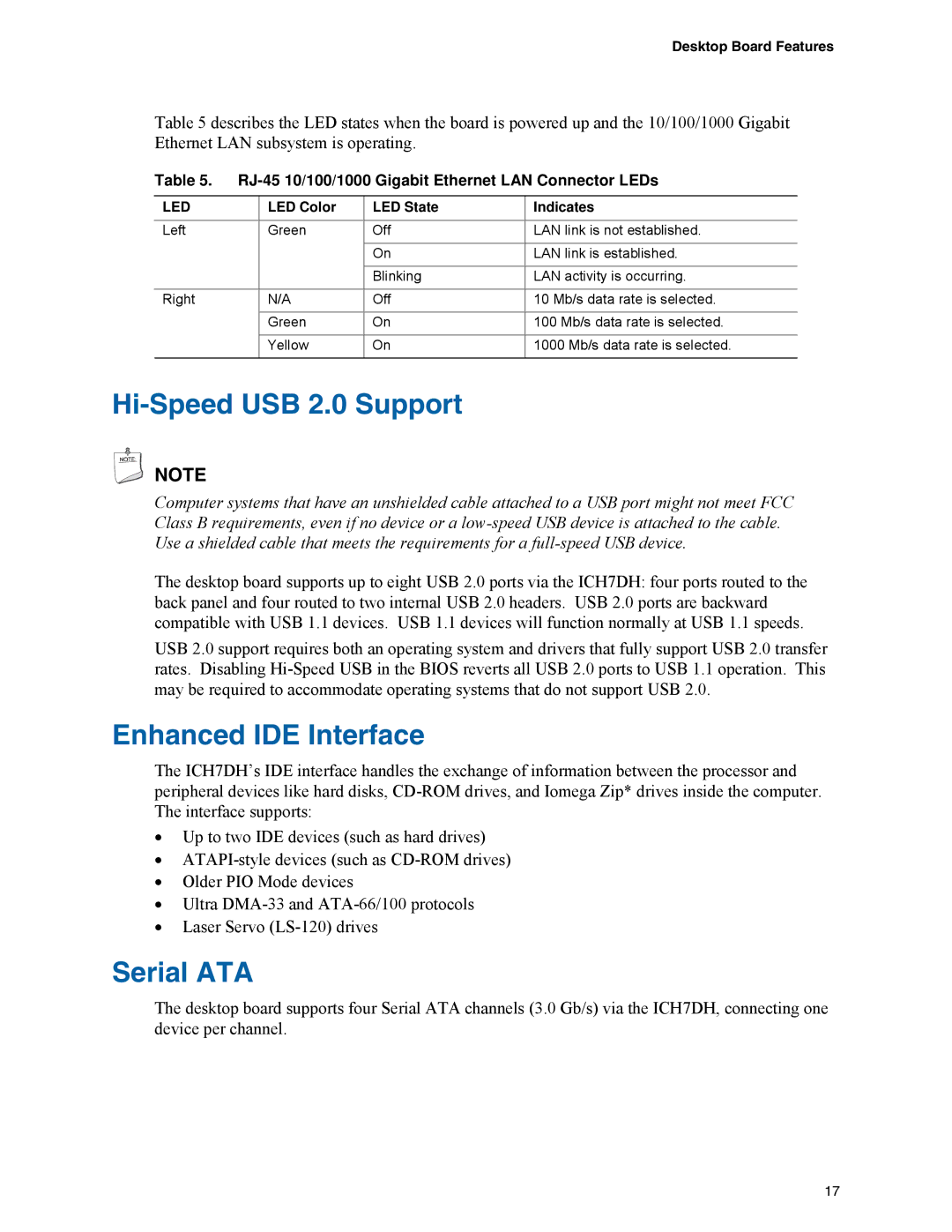 Intel D945GPM manual Hi-Speed USB 2.0 Support, Enhanced IDE Interface, Serial ATA, LED Color LED State Indicates 